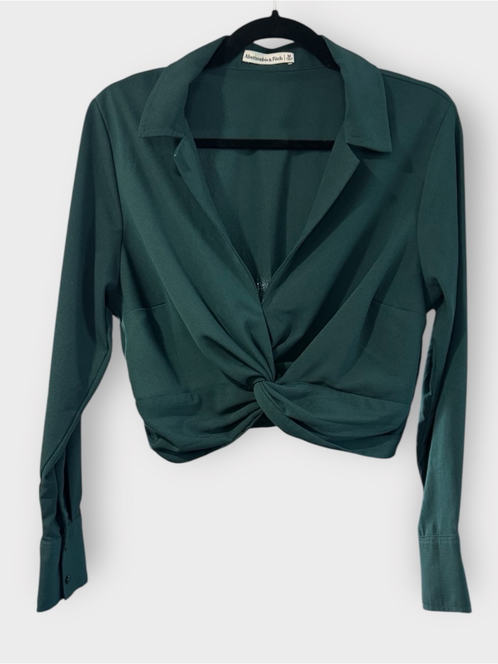 Abercrombie & Fitch Twist Front Blouse Green Crop Shirt Long Sleeve M